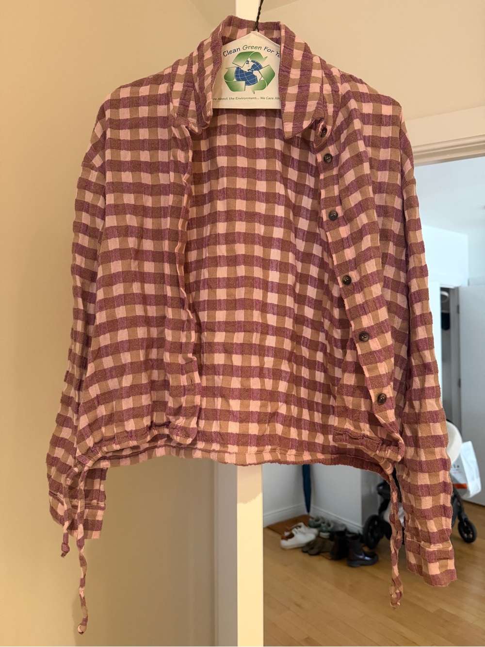 Plaid Button-Front Cropped Shirt Jacket in Mauve & Light Pink